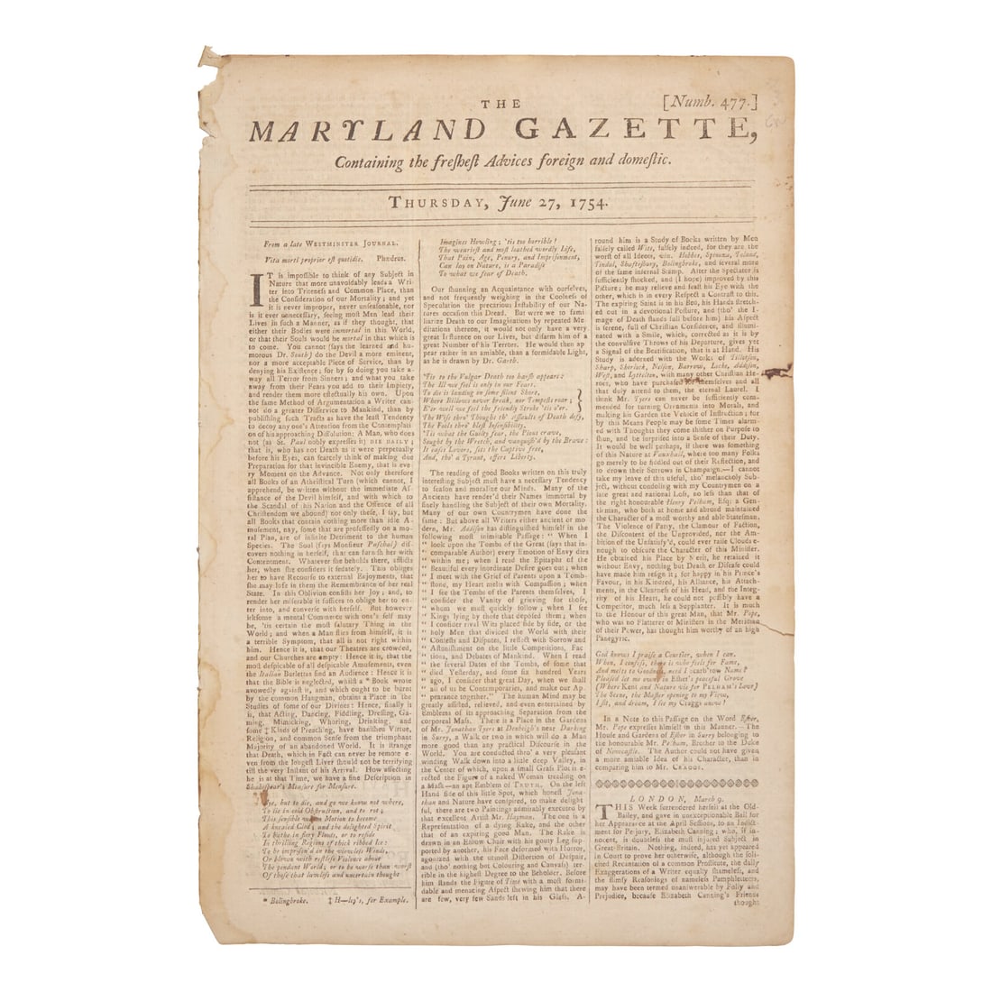 [Washington, George] Early report of a 22-year-old George Washington, printed following the skirmish (1 of 2)
