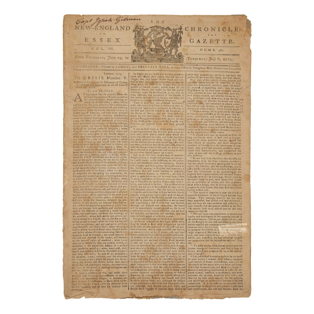 [Washington, George] General Washington Arrives in Cambridge to Take Command of the American Army: [Washington, George] General Washington Arrives in Cambridge to Take Command of the American Army The New-England Chronicle: or, the Essex Gazette Cambridge: Printed by Samuel and Ebenezer Hall, From 