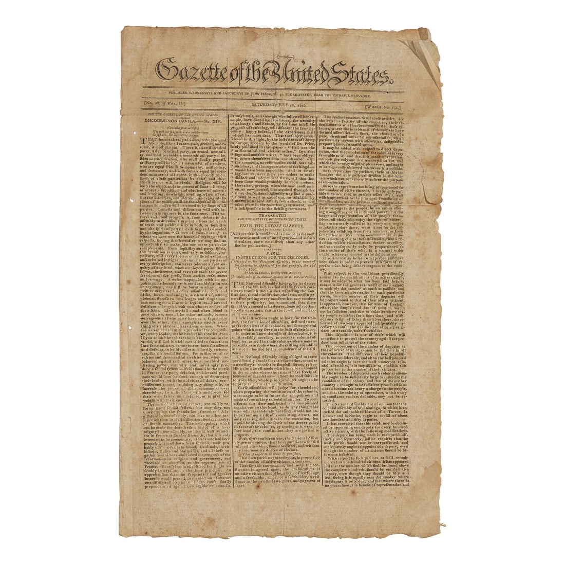 [Washington, D.C.] The First Newspaper Printing of the Residence Act of 1790, Establishing (1 of 2)