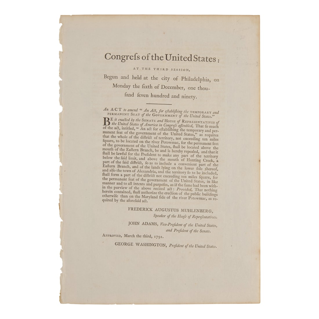 [Washington, D.C.] Rare Congressional Act, Amending the Residence Act of 1790, Establishing (1 of 1)