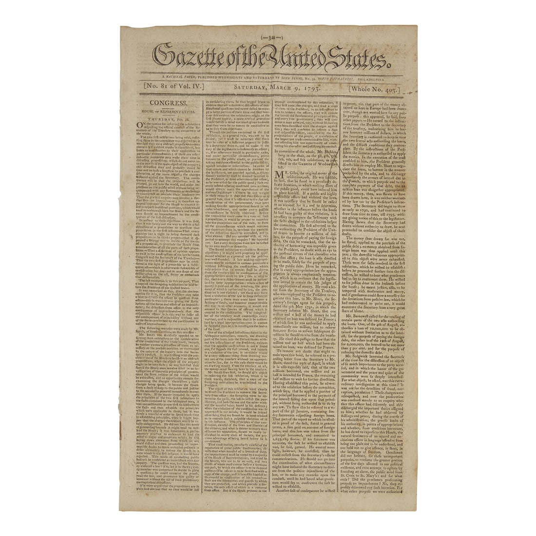 [Washington, George] President Washington's Second Inaugural Address, in the Gazette of the United (1 of 2)