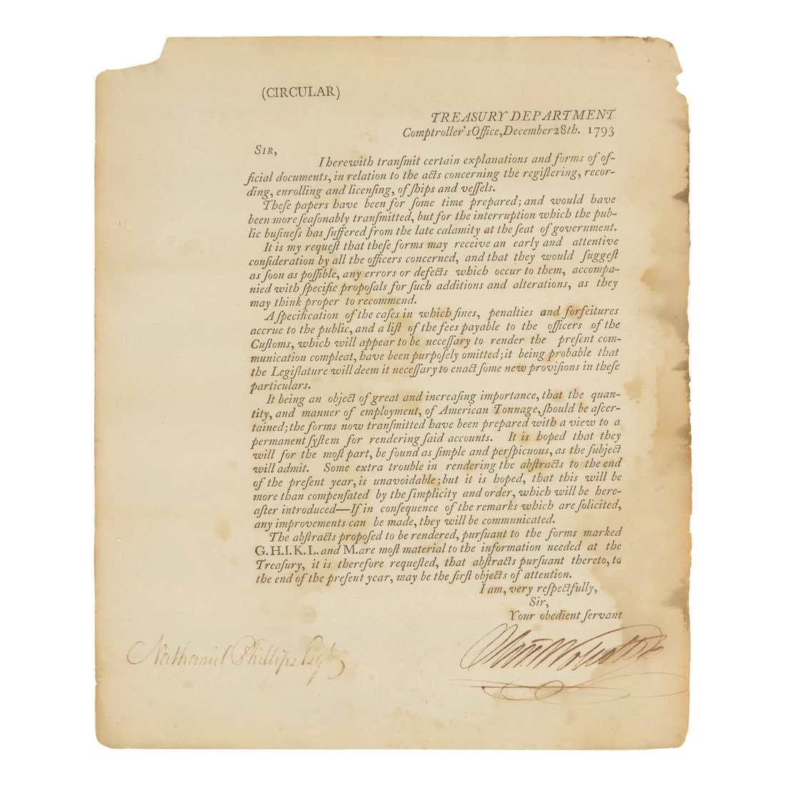 [Wolcott, Oliver] Rare Printed Circular Signed by Treasury Secretary Oliver Wolcott, Transmitting (1 of 1)