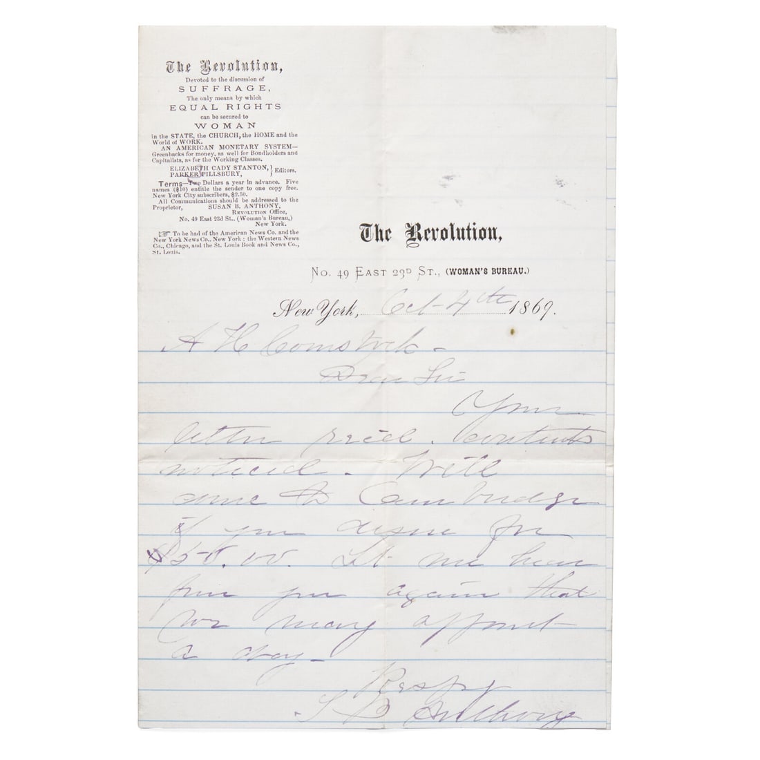 [Women's Rights] Autograph Letter, signed by Susan B. Anthony, 1869, Written on the Stationery of (1 of 2)