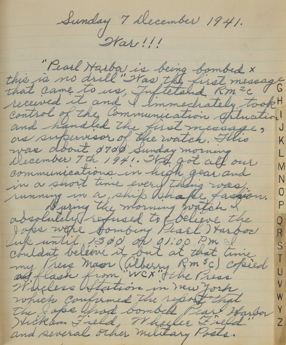 [World War II] An Incredibly Vivid Manuscript Diary Reporting the Attack on Pearl Harbor, ca. (1 of 5)