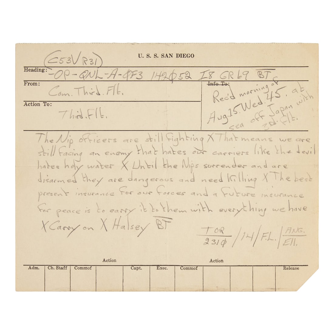 [World War II] Passionate Pacific Theater Manuscript Naval Dispatch, August 15, 1945 (1 of 1)