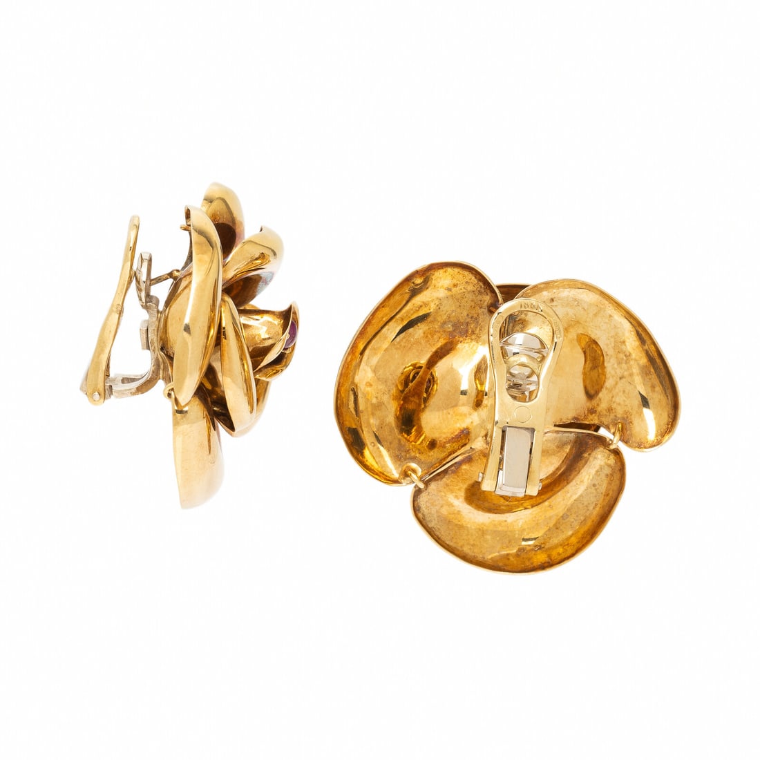 Ruby and Yellow Gold Flower Earrings - 2