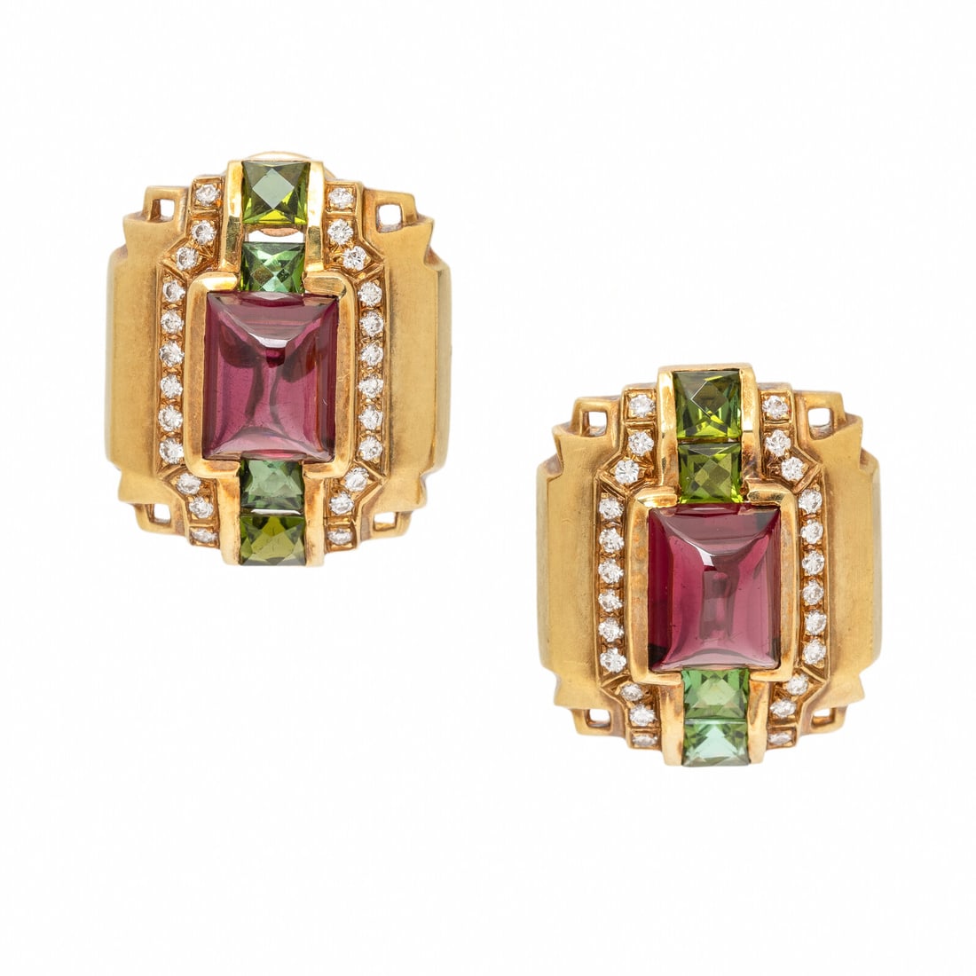 Tourmaline, Garnet, and Diamond Earrings: Tourmaline, Garnet, and Diamond Earrings Sugarloaf cabochon garnets, French cut green tourmaline, and round diamonds. 14 karat yellow gold. 15/16 inch long. Stamp: 585 (maker's mark). Gross weight: