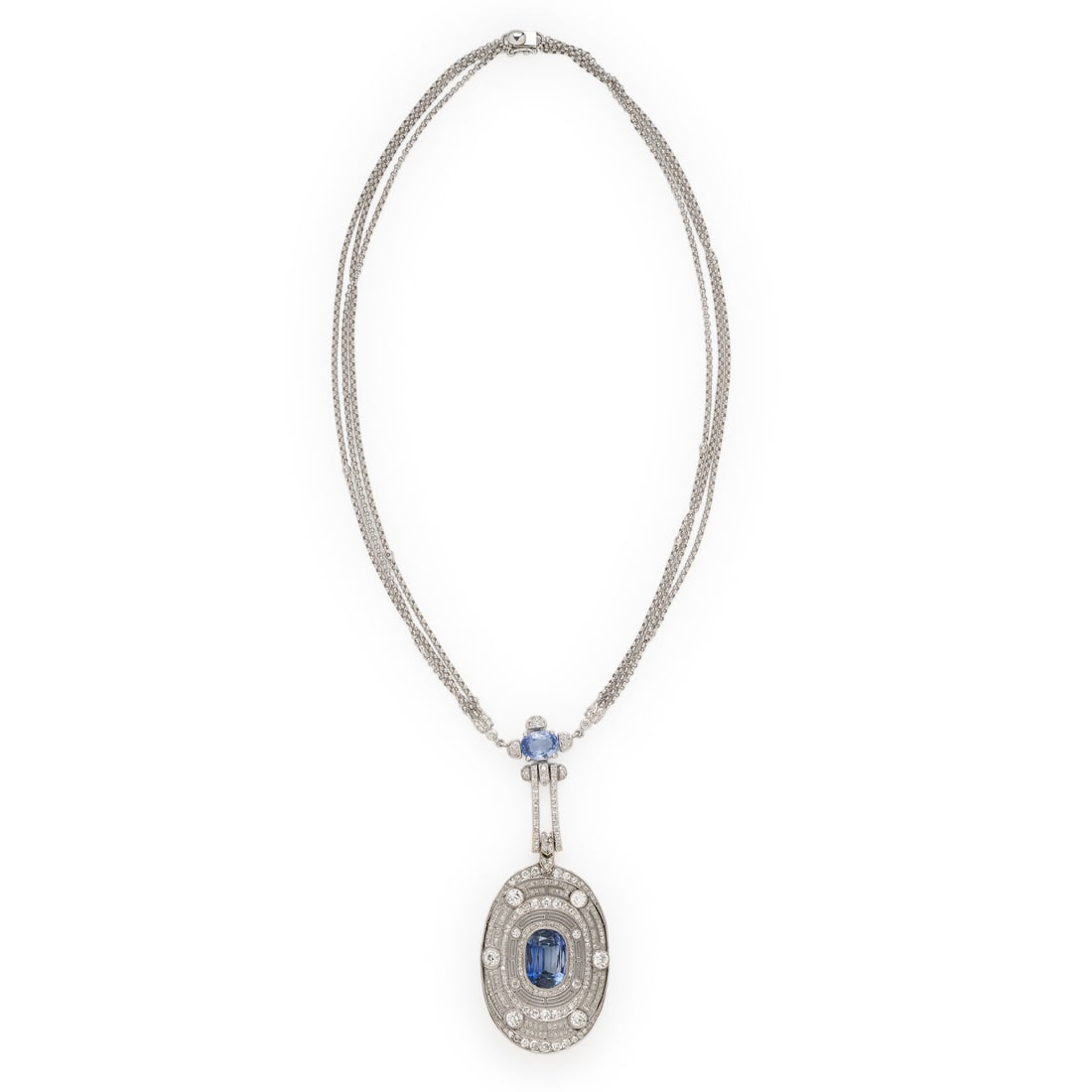 Synthetic Sapphire and Diamond Pendant Necklace: Synthetic Sapphire and Diamond Pendant Necklace Oval synthetic sapphires and single and old European cut diamonds weighing approximately 3.90 carats total. Platinum and 18 karat white gold. 16 inches