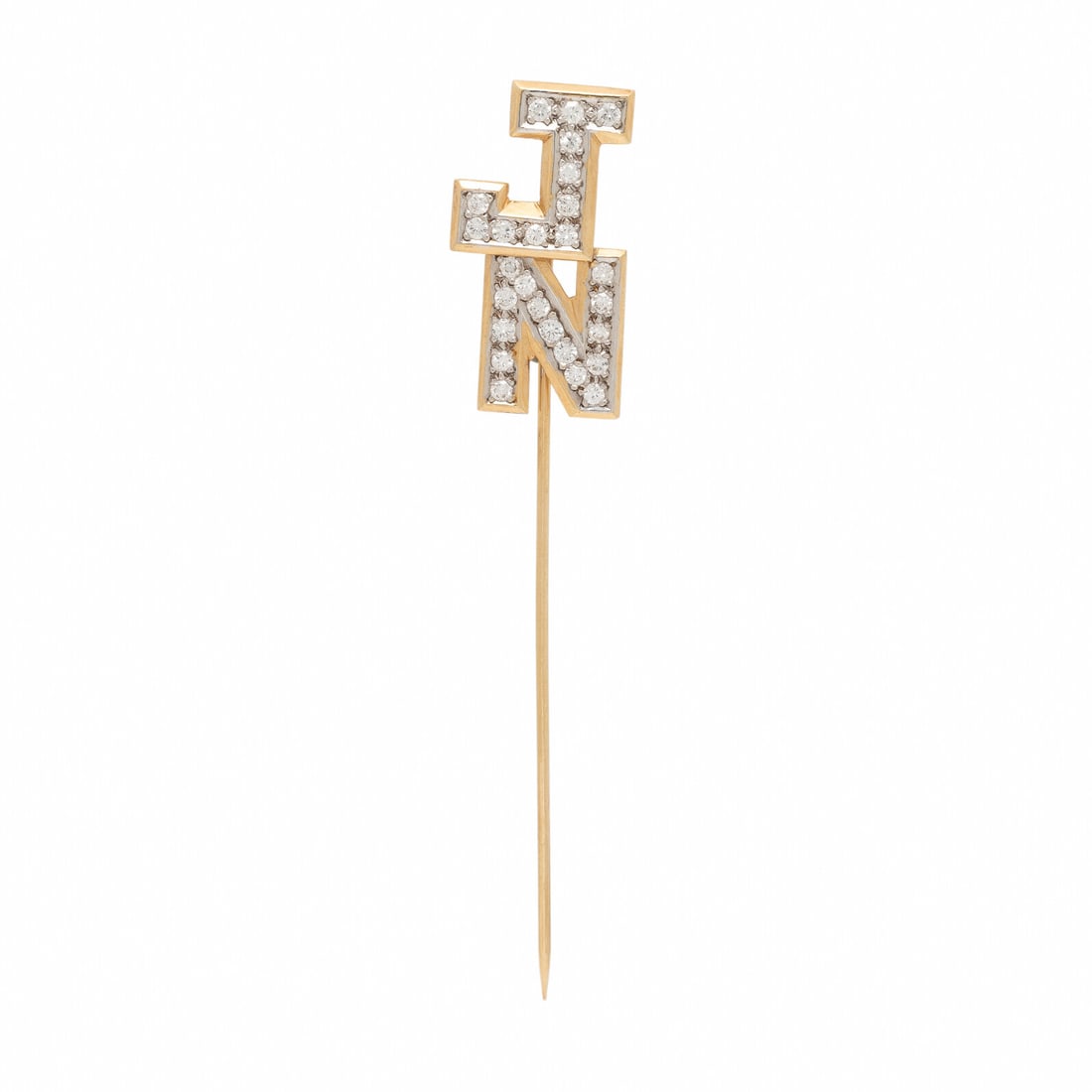 Diamond and Bicolor Gold Pin: Diamond and Bicolor Gold Pin Round diamonds weighing approximately 0.25 carat total. Yellow and white gold. 2 3/4 inches long. Gross weight: 1.85 dwt. Property from the Estate of the Hon. Sandra