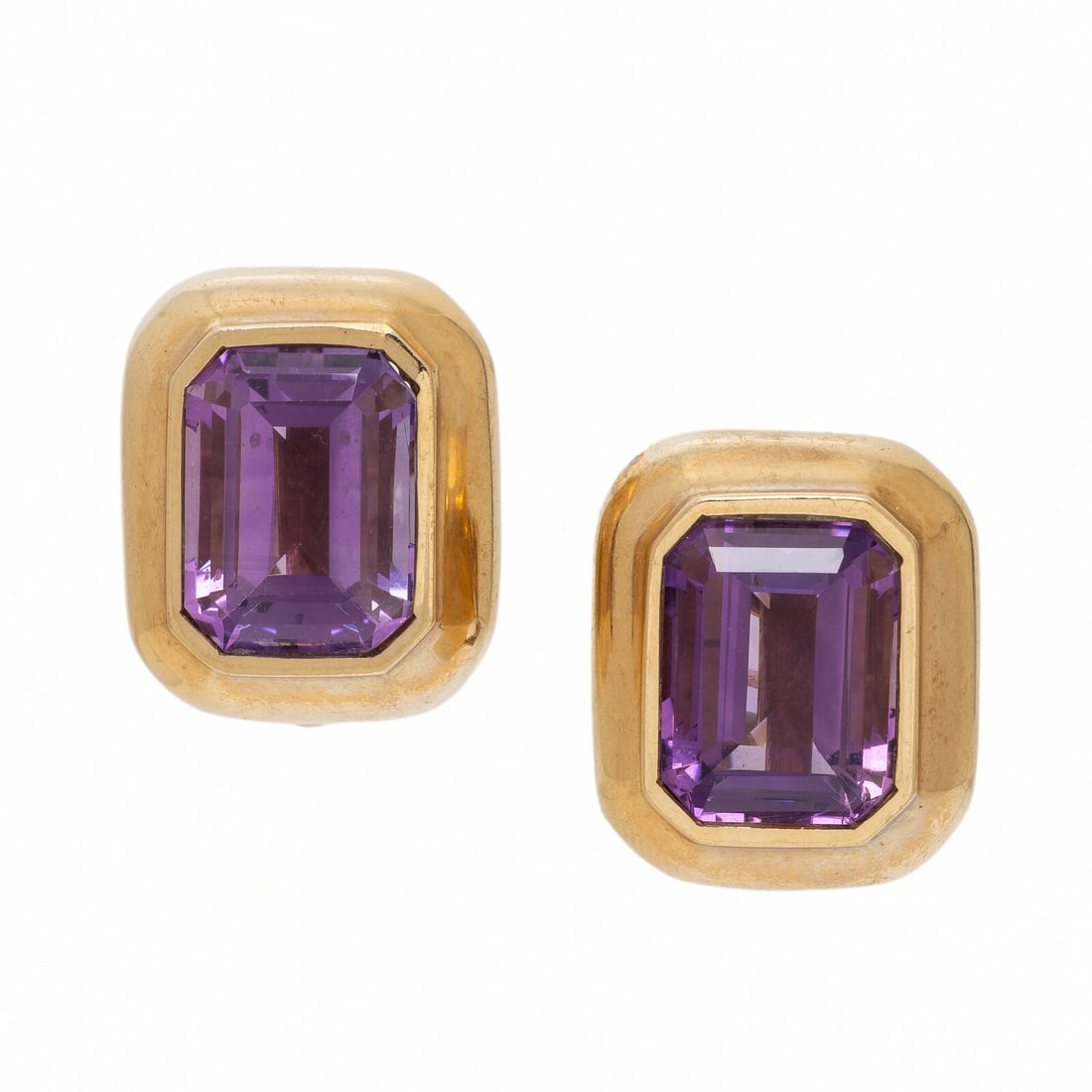 Amethyst and Yellow Gold Earrings: Amethyst and Yellow Gold Earrings Emerald cut amethysts weighing approximately 22.00 - 24.00 carats total. 14 karat yellow gold. 7/8 inch long. Stamp: 14K. Engraved: ES82. Gross weight: 11.20 dwt.