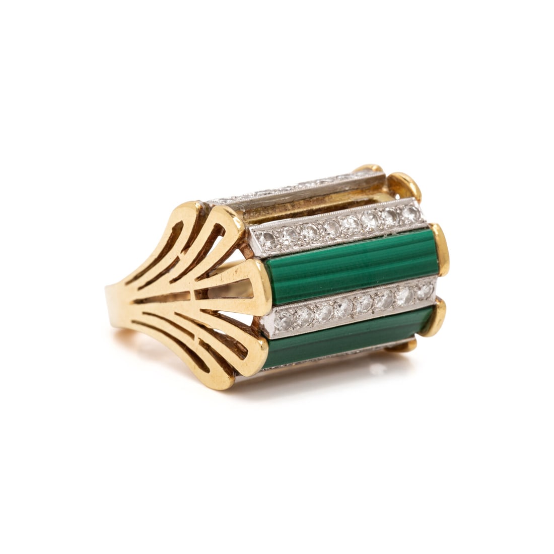 Malachite, Diamond, and Yellow Gold Ring: Malachite, Diamond, and Yellow Gold Ring Round diamonds weighing approximately 0.95 carat total and plaques of malachite. 18 karat yellow gold. Ring size 5 1/4. Stamp: 18Kt. Gross weight: 14.40 dwt.