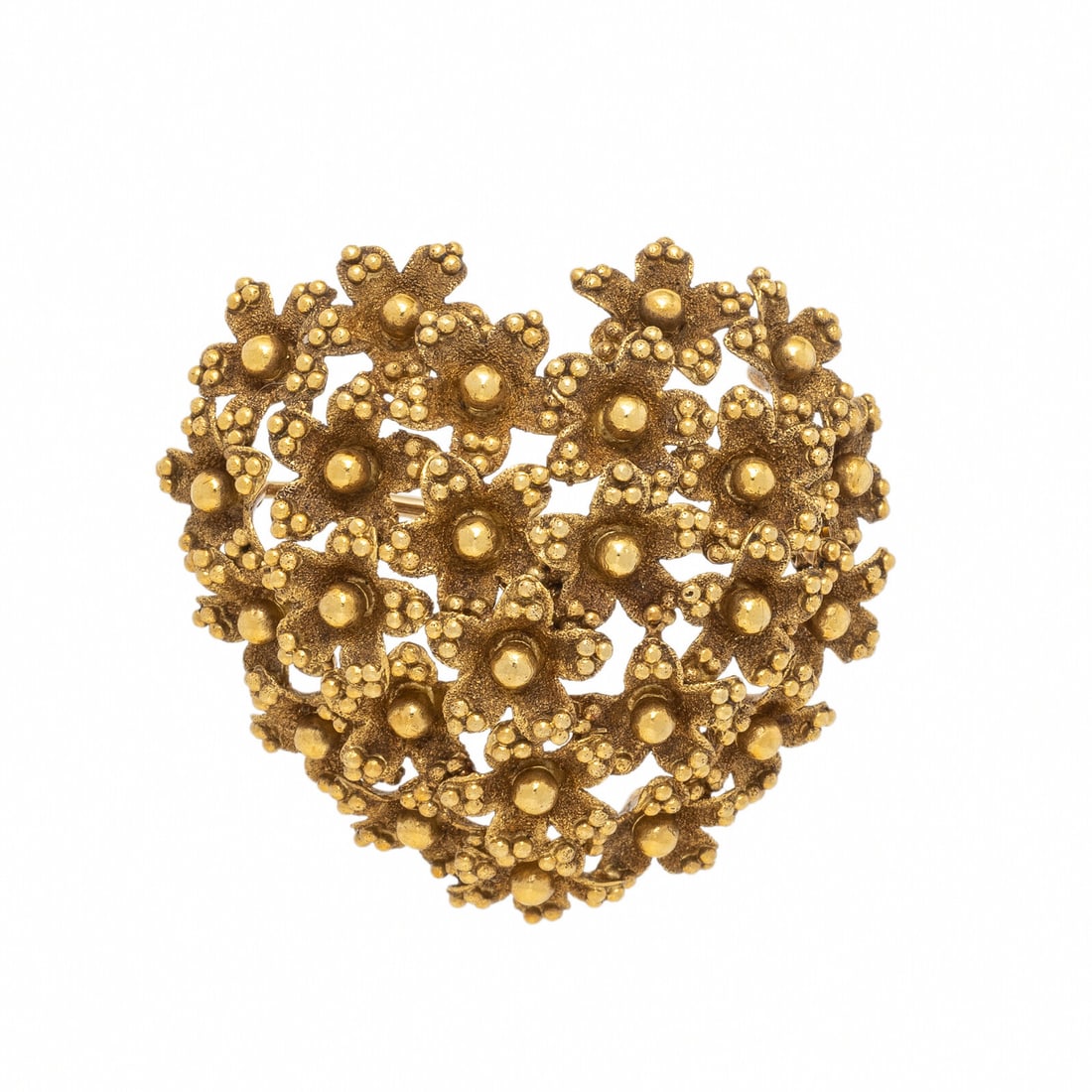 Tiffany & Co., Yellow Gold Heart Flower Brooch: Tiffany & Co., Yellow Gold Heart Flower Brooch 18 karat yellow gold. 1 1/2 x 1 7/16 inches. Stamp: TIFFANY & CO. 18KT ITALY. Gross weight: 12.05 dwt. Property from the Collection of a Jewelry