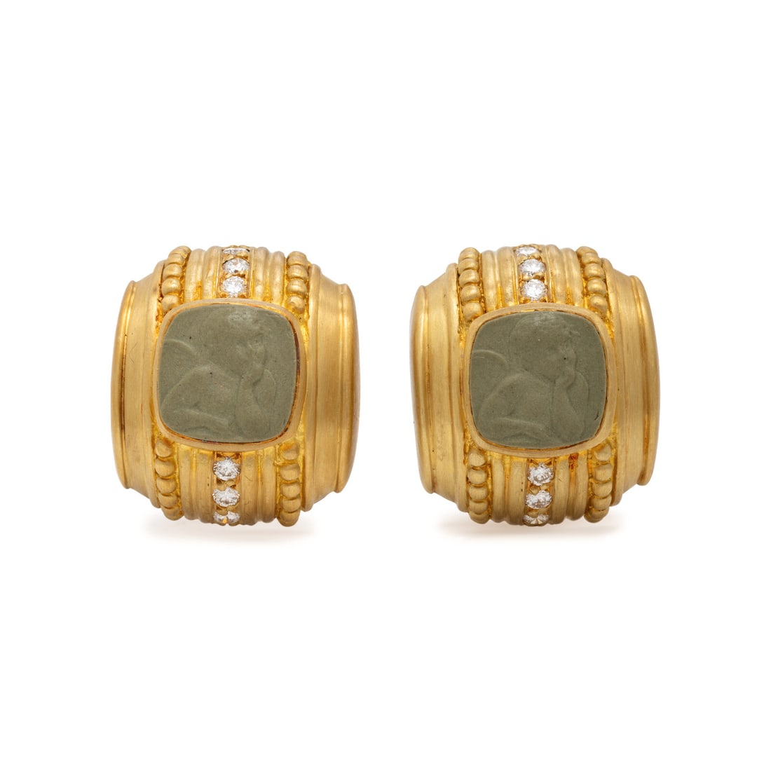 Judith Ripka, Lava Cameo, Diamond, and Yellow Gold Earrings: Judith Ripka, Lava Cameo, Diamond, and Yellow Gold Earrings Lava cameos depicting cherubs measuring approximately 12.20 x 12.15 mm, and round diamonds weighing approximately 0.60 carat total. 18