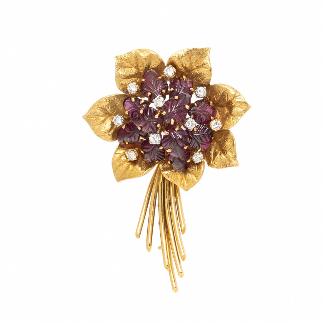 Bulgari, Carved Pink Tourmaline, Diamond, and Yellow Gold Flower Brooch (1 of 2)