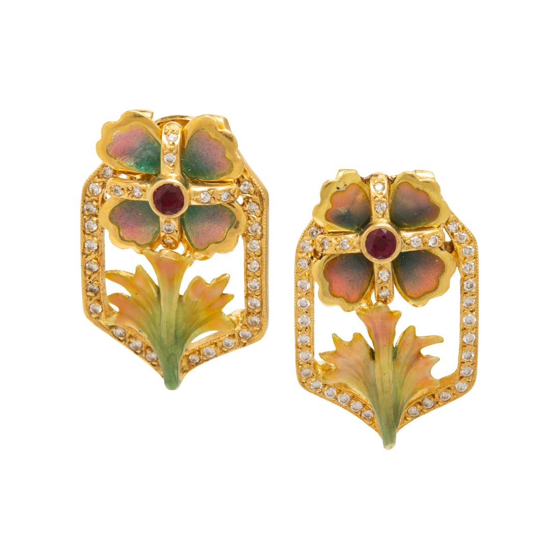 Attributed to Masriera, Plique-‡-Jour and Diamond Earrings (1 of 2)