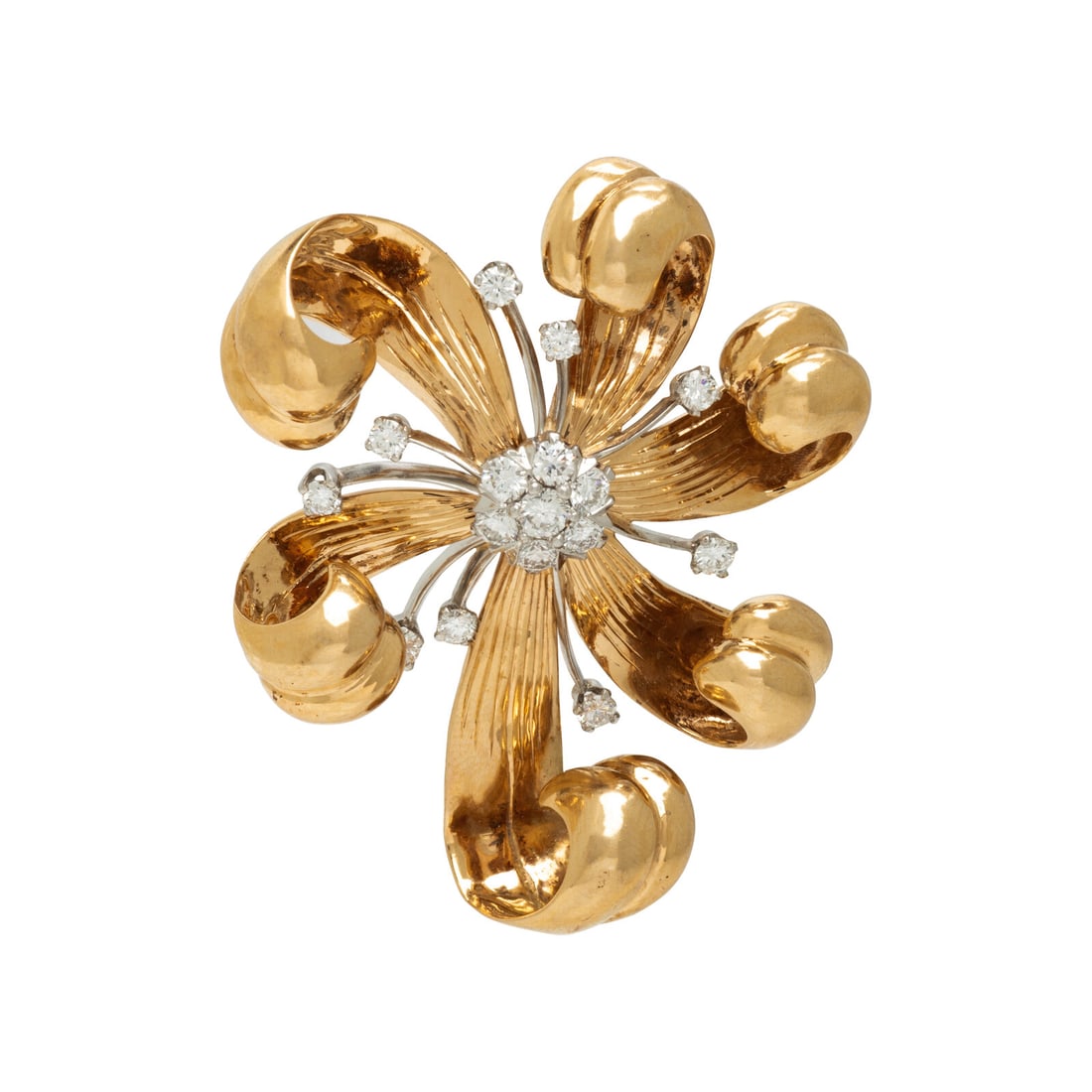 Tiffany & Co., Diamond and Yellow Gold Flower Brooch: Tiffany & Co., Diamond and Yellow Gold Flower Brooch Round diamonds weighing approximately 1.10 carats total. 14 karat yellow and white gold. 1 7/8 x 1 5/8 inches. Stamp: 14KT. Engraved: TIFFANY &