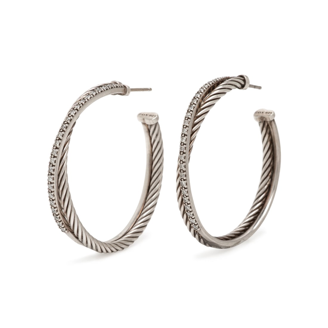 David Yurman, Sterling Silver and Diamond Cable Crossover Hoop Earrings (1 of 2)