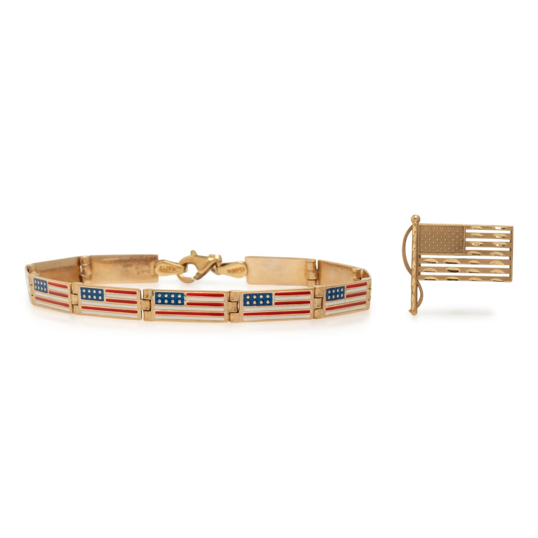 Yellow Gold and Enamel American Flag Bracelet and Pin (1 of 3)