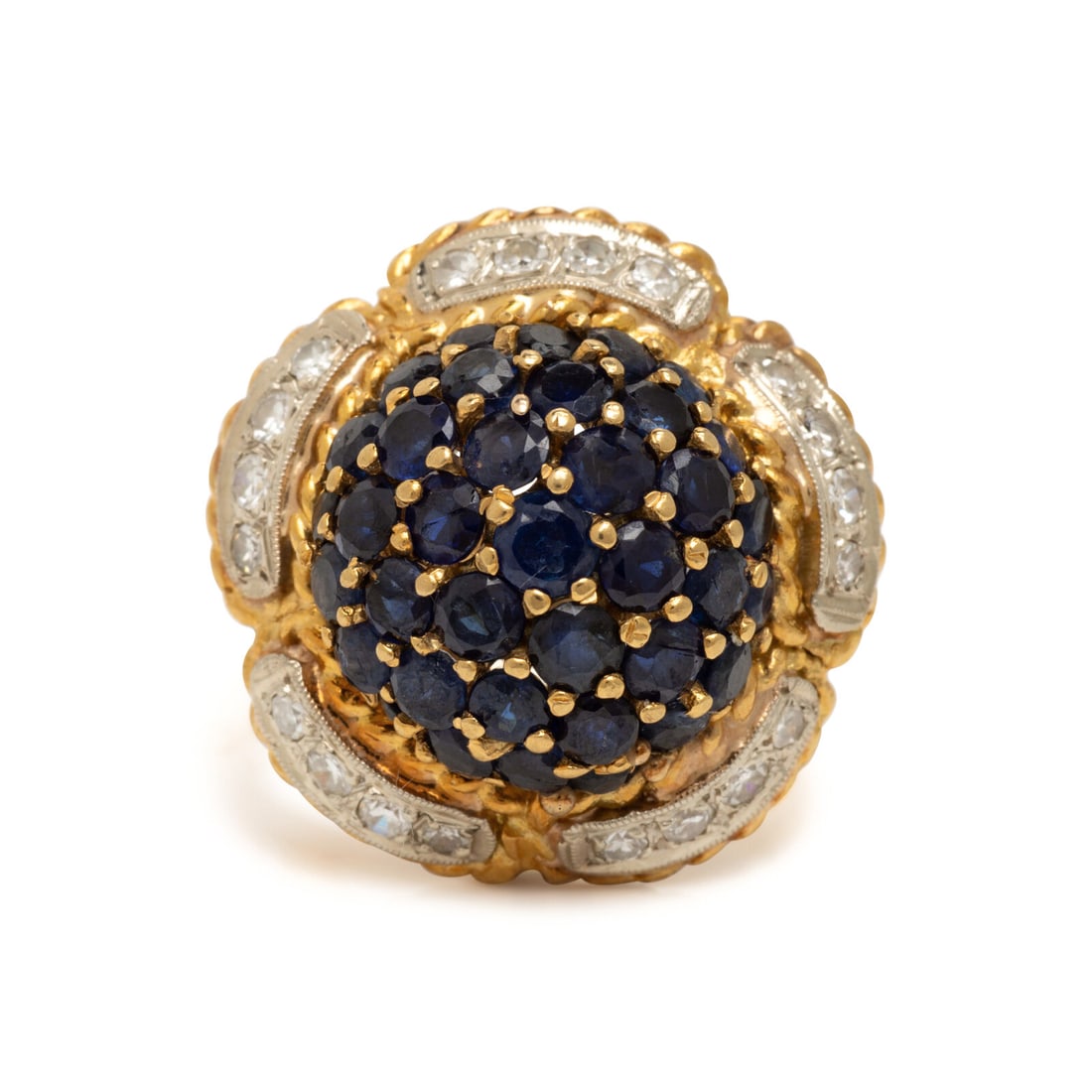 Sapphire, Diamond, and Yellow Gold BombÈ Ring: Sapphire, Diamond, and Yellow Gold BombÈ Ring PavÈ-set round sapphires and single cut diamonds weighing approximately 0.55 carat total. Mounted in 18 karat yellow and white gold. Ring size