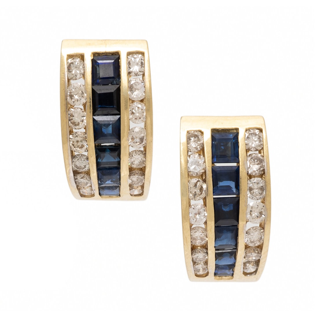 Sapphire, Diamond, and Yellow Gold Earrings: Sapphire, Diamond, and Yellow Gold Earrings Graduating square step cut sapphires, and round diamonds weighing approximately 0.95 carat total. Yellow gold. 9/16 inch long. Gross weight: 4.05 dwt. From 