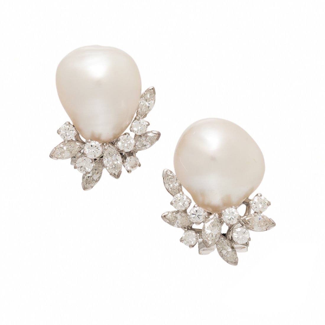 Cultured Pearl, Diamond, and White Gold Earrings: Cultured Pearl, Diamond, and White Gold Earrings Baroque cultured pearls measuring approximately 13.00 mm and round and marquise cut diamonds weighing approximately 1.85 carats total. 18 karat white g