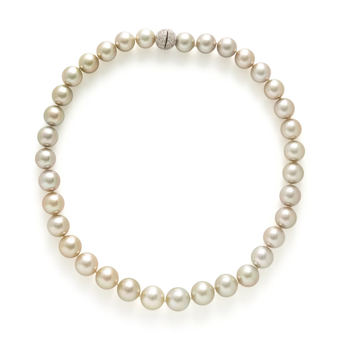 Cultured Pearl, Diamond, and White Gold Necklace: Cultured Pearl, Diamond, and White Gold Necklace A single strand of cultured silver pearls measuring approximately 10.25 - 12.00 mm (origin of color not tested), finished with an 18 karat white gold