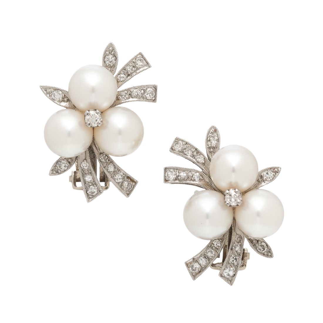 Cultured Pearl and Diamond Earrings: Cultured Pearl and Diamond Earrings Cultured pearls measuring approximately 7.60 - 7.85 mm, and round and single cut diamonds weighing approximately 0.90 carat total. Platinum and 14 karat white