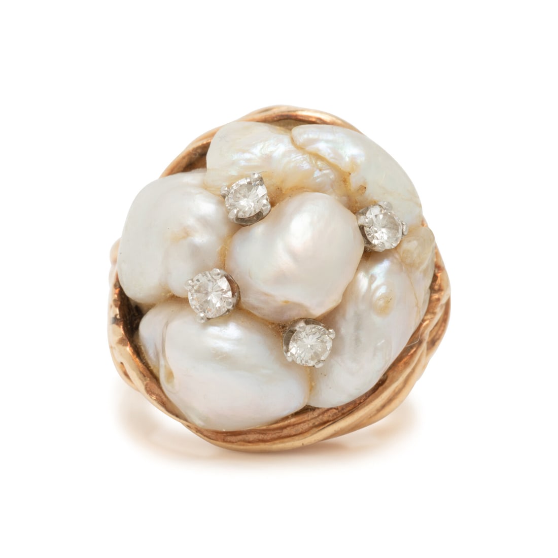 Ruser, Cultured Pearl, Diamond, and Yellow Gold Ring: Ruser, Cultured Pearl, Diamond, and Yellow Gold Ring Baroque cultured pearls measuring approximately 7.00 - 12.30 mm and round diamonds. 14 karat yellow gold. Ring size 5. Engraved: Ruser 14K. Gross