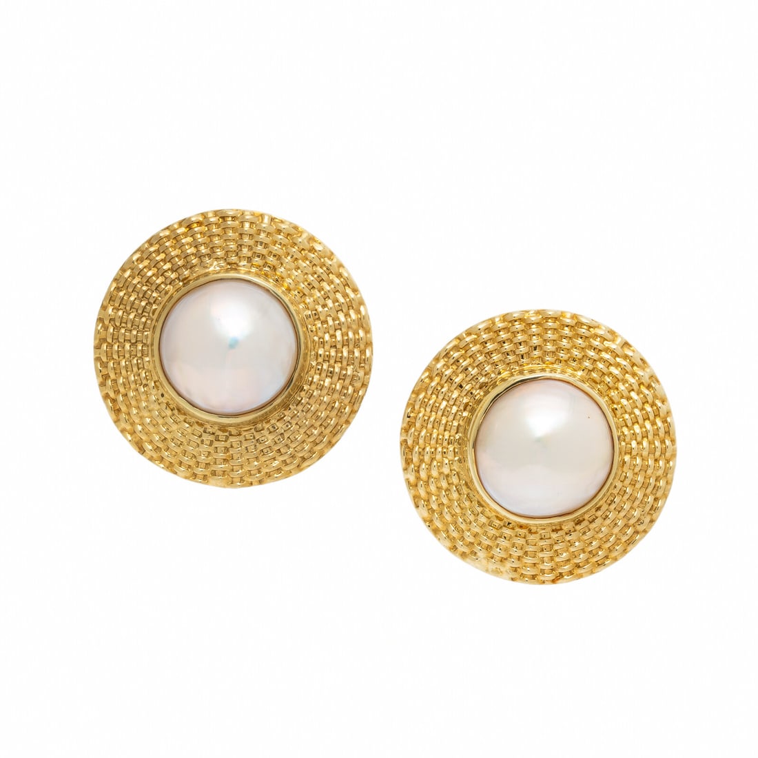 MabÈ Pearl and Yellow Gold Earrings: MabÈ Pearl and Yellow Gold Earrings MabÈ pearls measuring approximately 13.50 mm. 18 karat yellow gold. 1 1/16 inches long. Stamp: 18K (maker's mark). Engraved: DKE 18K. Gross weight: 14.75