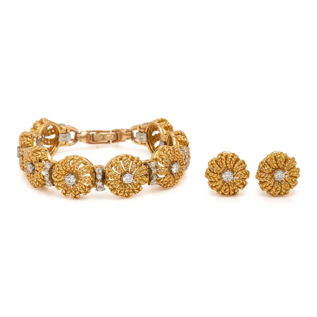 Jabel, Yellow Gold and Diamond Bracelet and Earrings: Jabel, Yellow Gold and Diamond Bracelet and Earrings Including a pair of earrings set with round diamonds weighing approximately 0.25 carat total, and a bracelet set with round and single cut