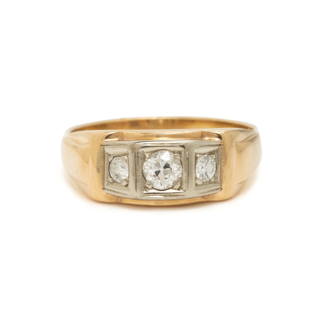 Yellow Gold and Diamond Ring: Yellow Gold and Diamond Ring Old European cut diamond weighing approximately 0.45 carat, with additional round diamonds weighing approximately 0.30 carat total. 14 karat yellow and white gold. Ring si