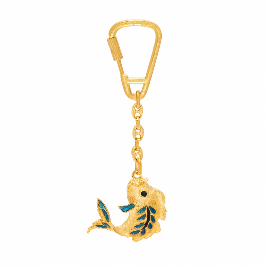 Yellow Gold and Enamel Fish Motif Key Chain: Yellow Gold and Enamel Fish Motif Key Chain Blue and black enamel. 18 karat yellow gold. 3 1/2 inches long. Stamp: 750 (maker's mark). Gross weight: 10.45 dwt. Property from the Collection of a Jewelr