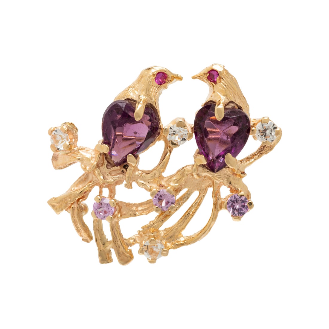 Yellow Gold Bird Brooch: Yellow Gold Bird Brooch Pear shape purple glass, round colorless crystals, and round synthetic pink sapphires. Yellow gold. 1 x 3/4 inch. Gross weight: 3.05 dwt. Property from a Private Florida