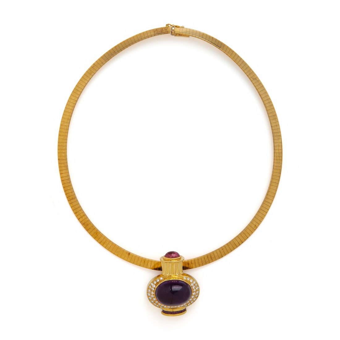 Lagos, Multigem, Diamond, and Yellow Gold Pendant Brooch with Unsigned Omega Necklace: Lagos, Multigem, Diamond, and Yellow Gold Pendant Brooch with Unsigned Omega Necklace Oval cabochon amethyst measuring approximately 19.85 x 14.60 x 9.45 mm, oval cabochon pink tourmaline measuring