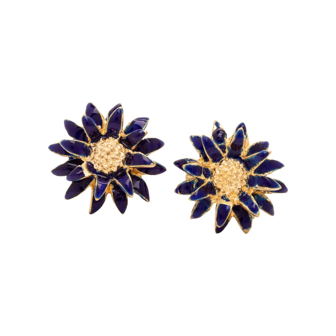 Italian, Blue Enamel and Yellow Gold Flower Earrings: Italian, Blue Enamel and Yellow Gold Flower Earrings Blue enamel. 18 karat yellow gold. 5/8 inch long. Stamp: ITALY 18K. Gross weight: 4.50 dwt. Property from a Private Collection This lot is located