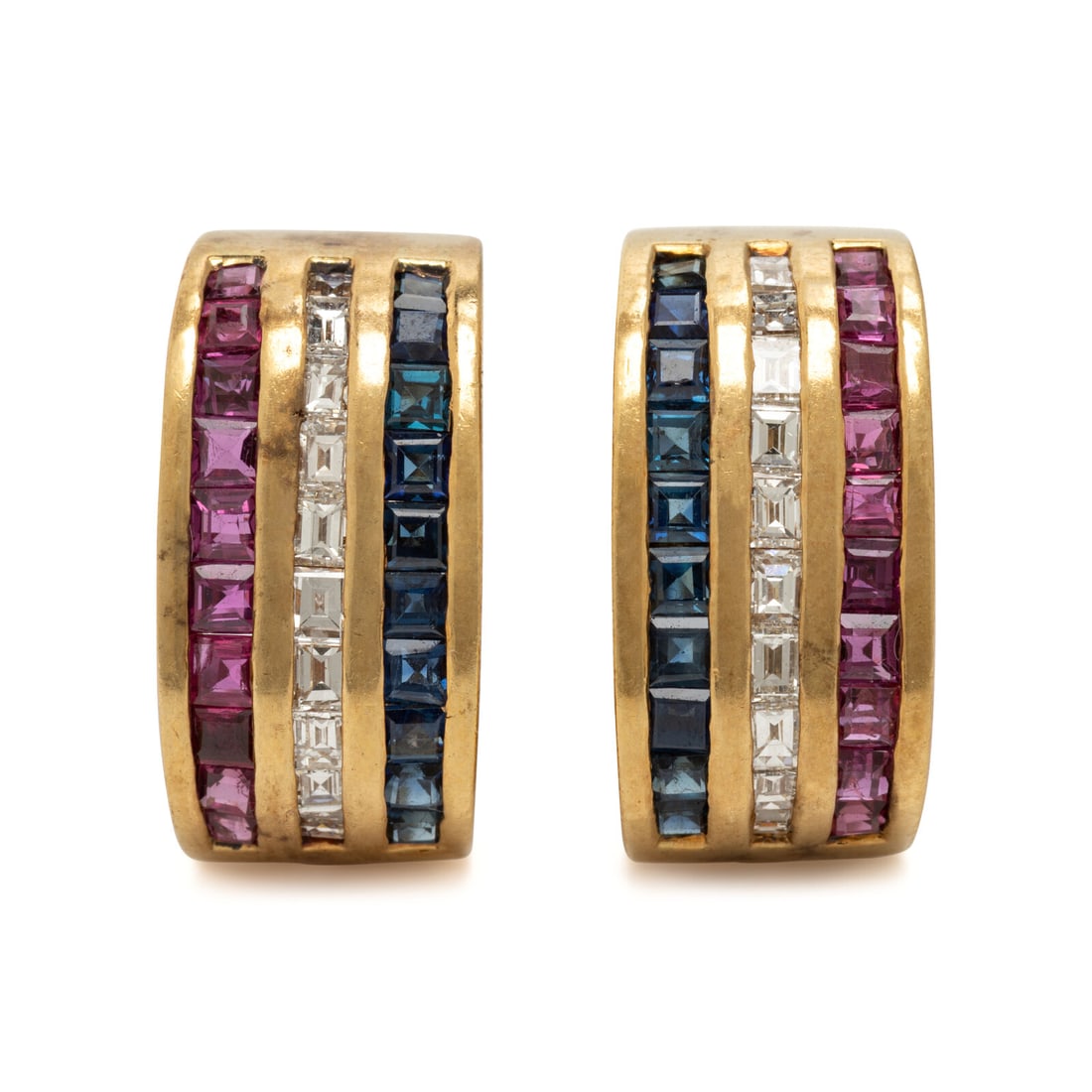 Diamond, Ruby, Sapphire, and Yellow Gold Earrings: Diamond, Ruby, Sapphire, and Yellow Gold Earrings Square step cut rubies and sapphires, and baguette cut diamonds weighing approximately 0.85 carat total. Yellow gold. 13/16 inch long. Gross weight: