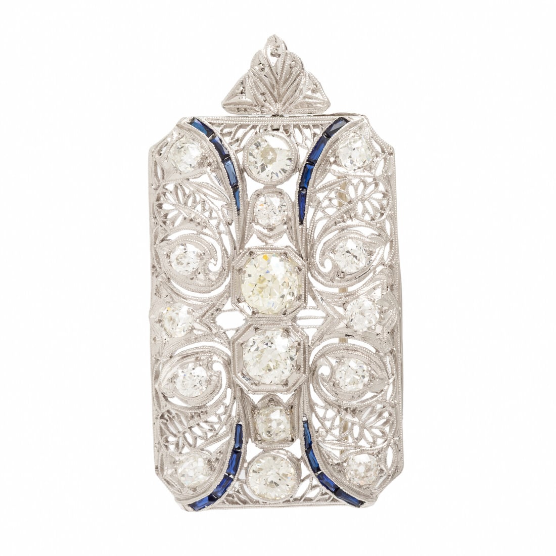 Art Deco, Diamond and Synthetic Sapphire Pendant Brooch: Art Deco, Diamond and Synthetic Sapphire Pendant Brooch Old European and old mine cut diamonds weighing approximately 3.90 - 4.20 carats total, and rectangular French cut synthetic sapphires.