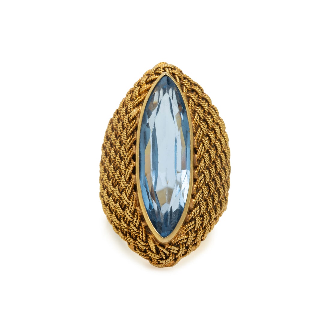 Synthetic Blue Spinel and Yellow Gold Ring: Synthetic Blue Spinel and Yellow Gold Ring Marquise cut synthetic blue spinel weighing approximately 7.50 carats by formula. 18 karat yellow gold. Ring size 6 1/2. Stamp: 18K. Gross weight: 7.05 dwt.