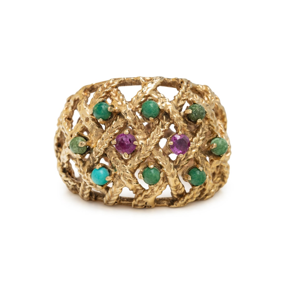 Turquoise, Ruby, and Yellow Gold Ring: Turquoise, Ruby, and Yellow Gold Ring Round rubies and round cabochon turquoise. Yellow gold. Ring size 6 1/2. Gross weight: 6.25 dwt. From the Estate of Franc Peri and Harriet Rosenweig Alter This lo