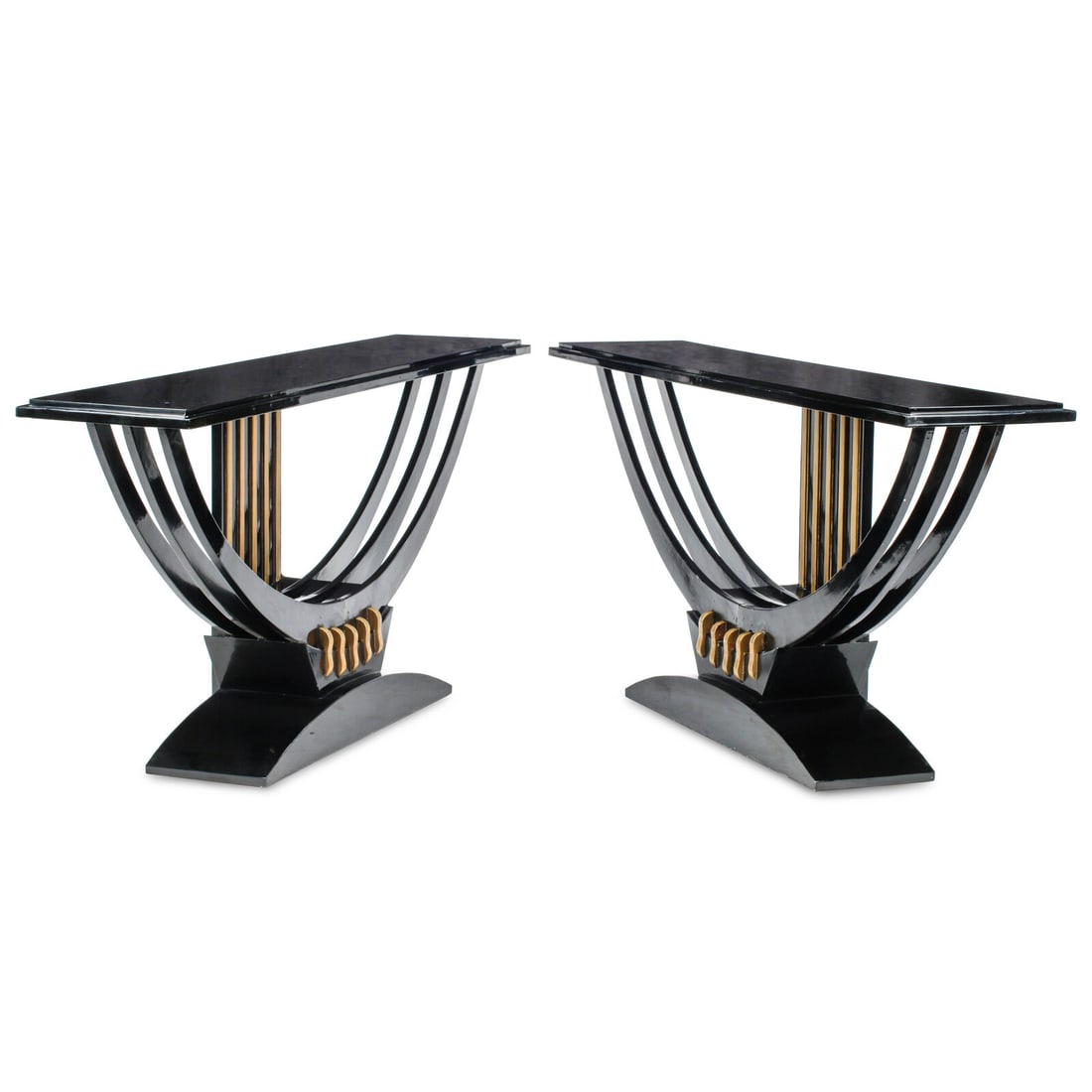 A Pair of Art Deco Style Black Lacquered and Parcel Gilt Console Tables (1 of 2)
