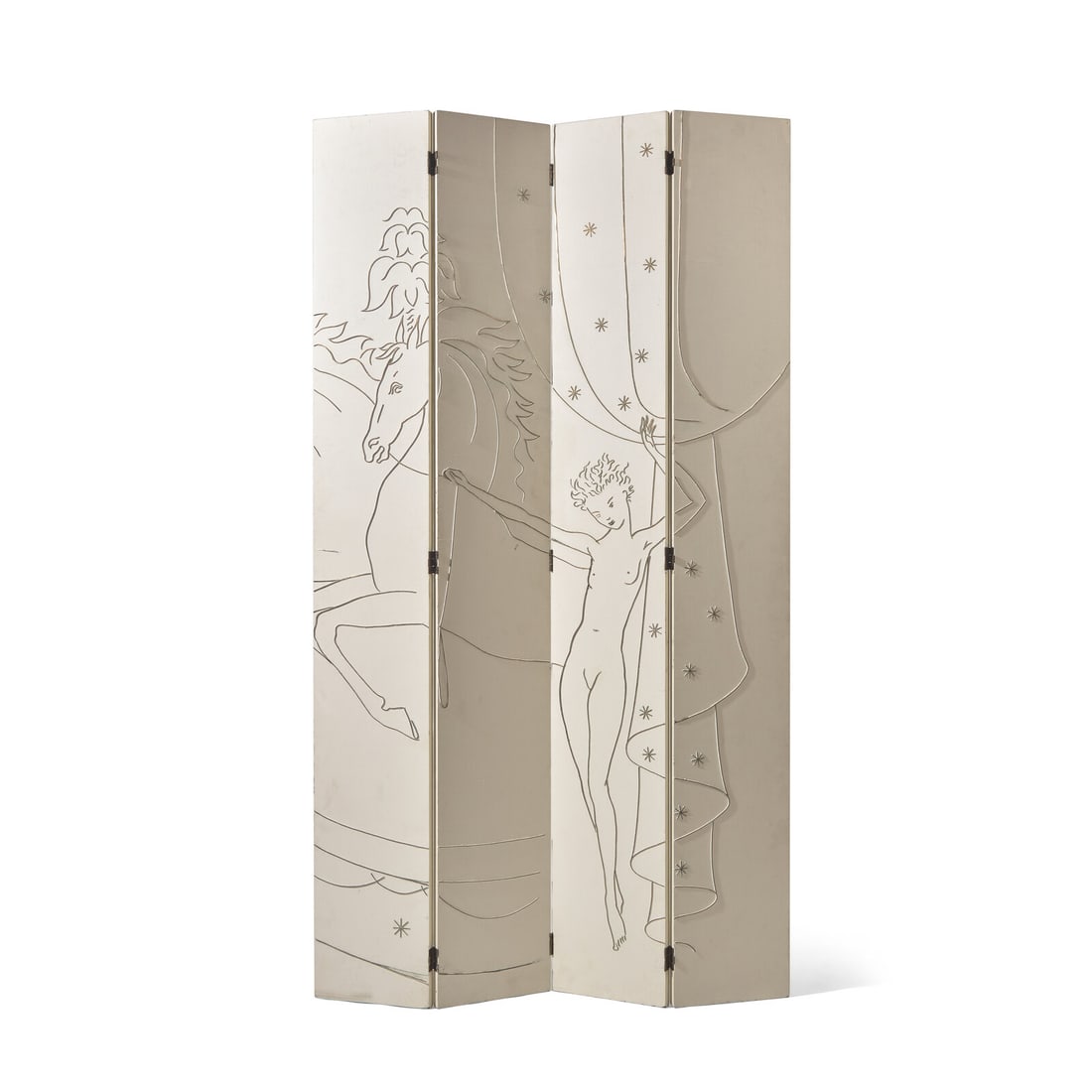 An Art Deco Brass-Inlaid and Painted Wood Four-Panel Screen from an Ocean Liner (1 of 2)