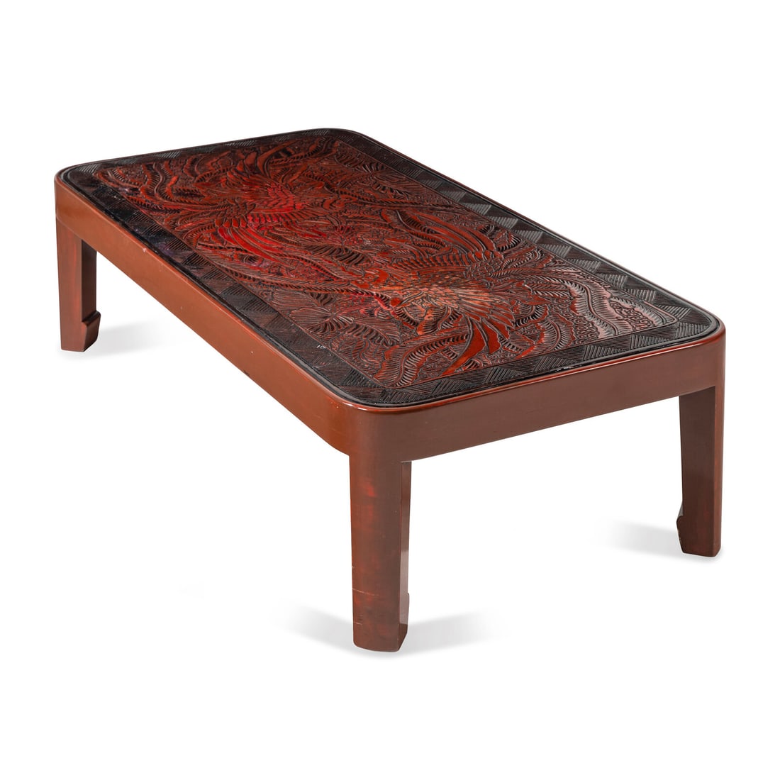 A Carved Lacquer-Inset Low Table: A Carved Lacquer-Inset Low Table Height 16 x width 60 x depth 30 3/4 inches. Property from the Estate of Beverly Flynn, Chicago, Illinois This lot is located in Chicago.