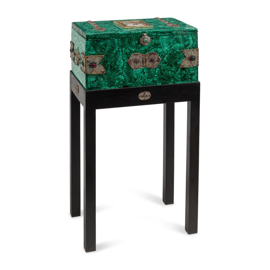 A Large Jeweled Malachite and Gilt Bronze Mounted Box on Stand (1 of 3)