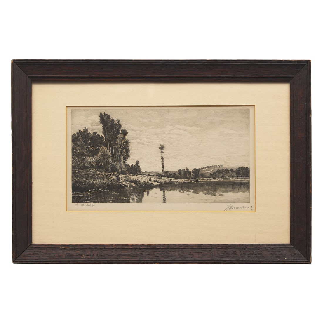 Thomas Moran (American, 1837-1926) Landscape on the river Marne (After Daubigny), ca. 1886: Thomas Moran (American, 1837-1926) Landscape on the river Marne (After Daubigny), ca. 1886 etching signed Moran in pencil (lower right) 4 1/2 x 8 1/2 in. This lot is located in Philadelphia. Literatur