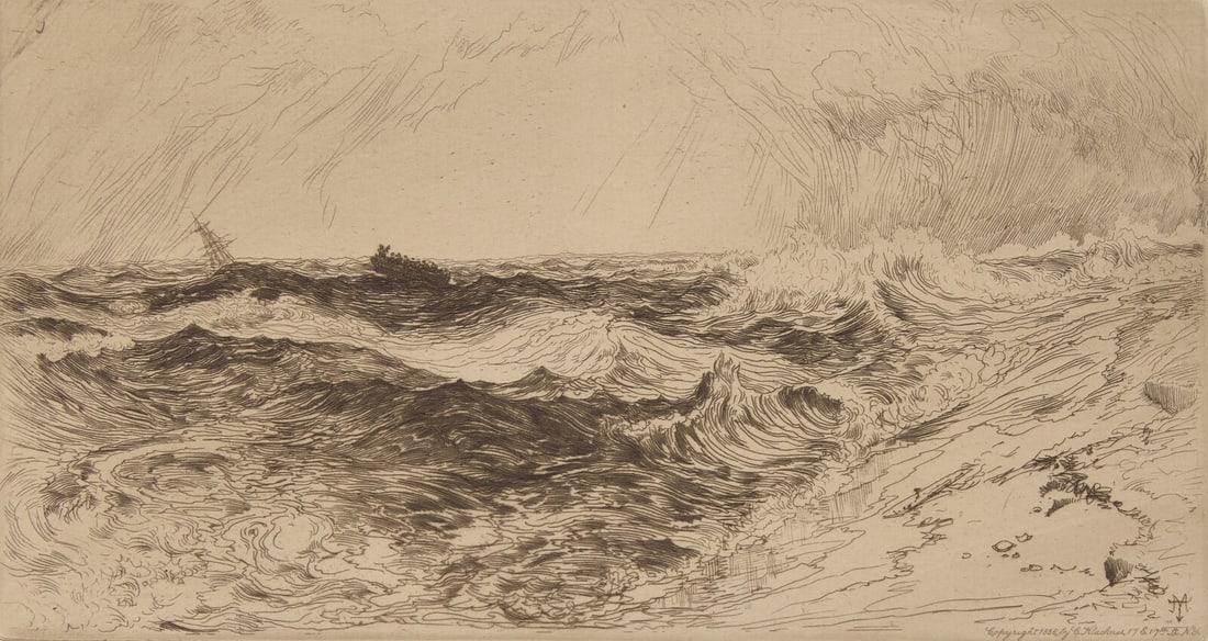 Thomas Moran (American, 1837-1926) The Resounding Sea, 1880: Thomas Moran (American, 1837-1926) The Resounding Sea, 1880 etching 4 1/8 x 7 7/8 inches. This lot is located in Philadelphia. Literature: Klackner 1889, no. 21