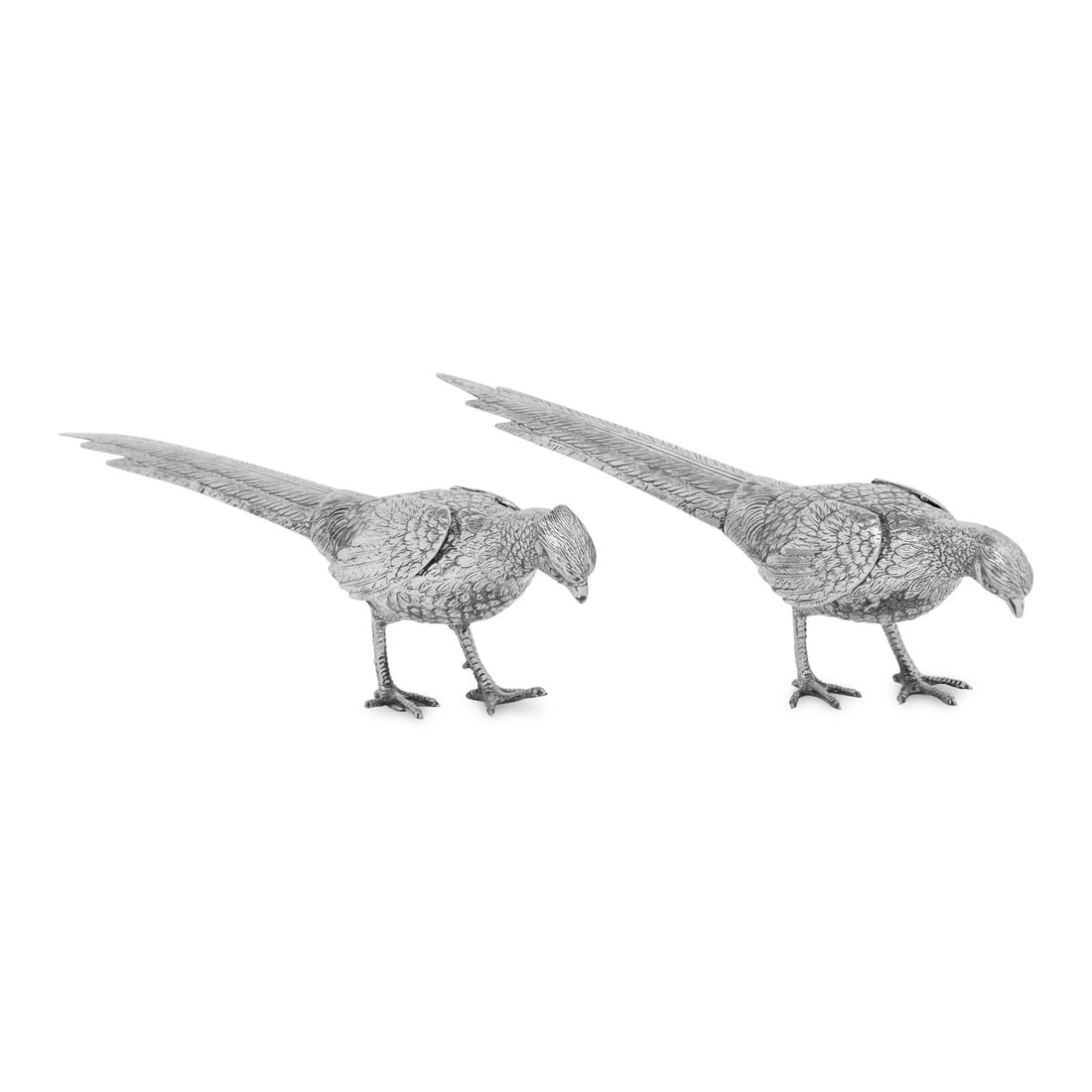 A Pair of Spanish Silver Models of Pheasants: A Pair of Spanish Silver Models of Pheasants 20th Century each stamped with a five point star .915 standard mark to the underside of the tail feather and further stamped with maker's mark 'HB' 29 ozt 