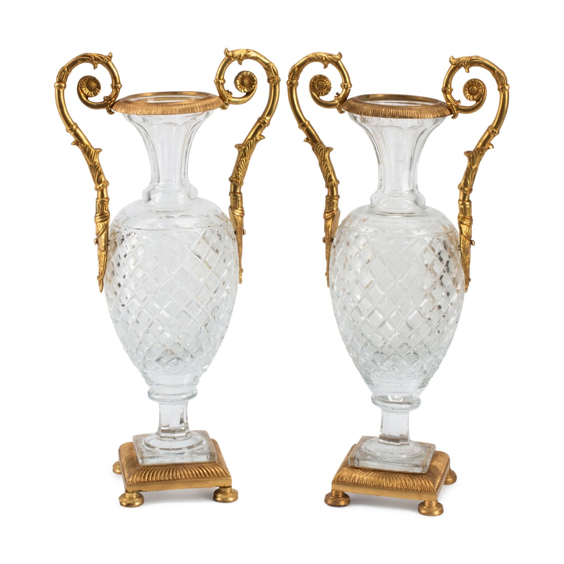 A Pair of Empire Style Gilt Metal Mounted Cut Glass Vases: A Pair of Empire Style Gilt Metal Mounted Cut Glass Vases 20th Century Height 17 inches. This lot is located in Chicago.