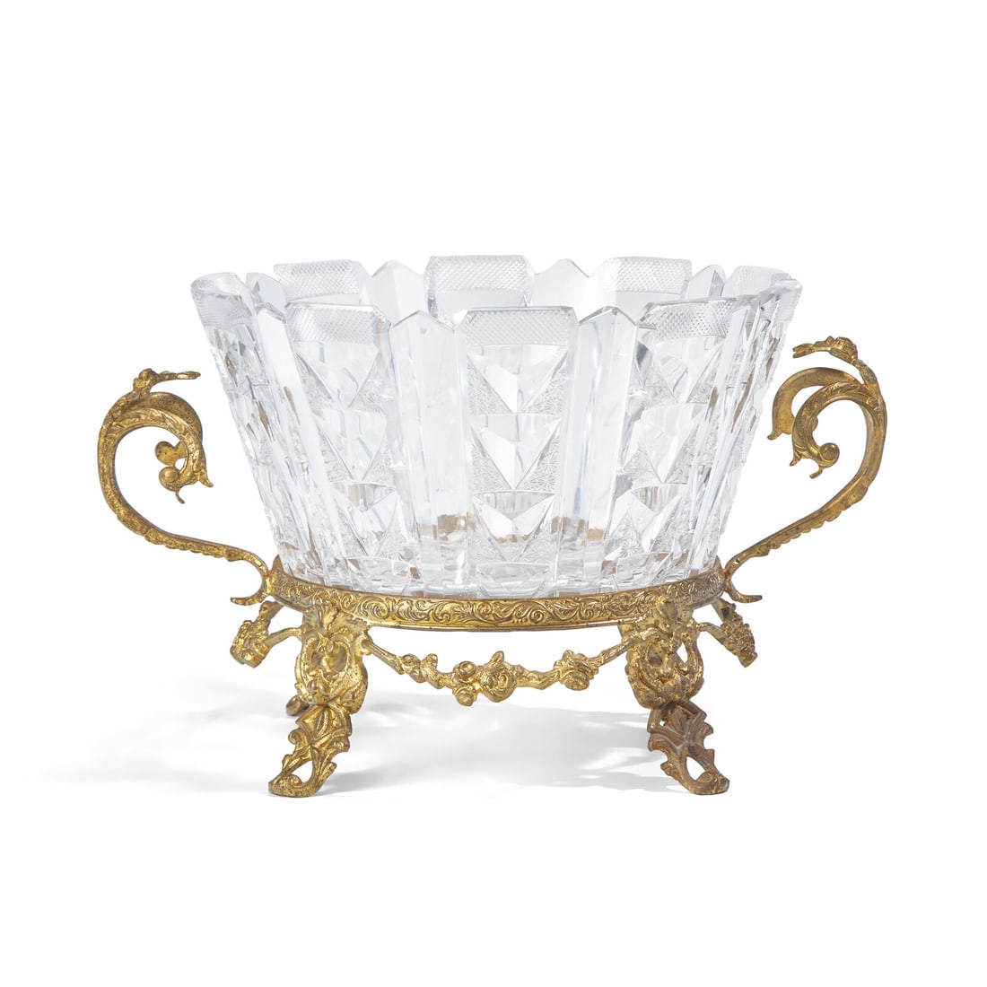 A Rococo Revival Pressed Glass and Gilt-Metal Center Bowl: A Rococo Revival Pressed Glass and Gilt-Metal Center Bowl Late 19th Century Height 7 1/2 x width 12 1/2 x depth 9 3/4 inches This lot is located in Philadelphia.