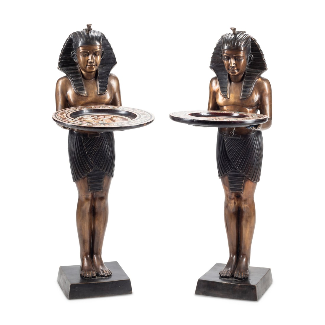 A Pair of Patinated Bronze Egyptian Figures with Marquetry Trays (1 of 3)