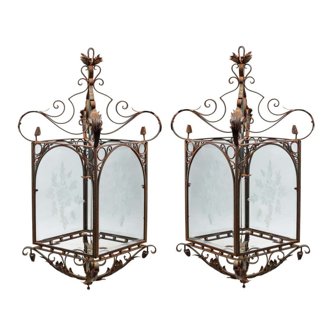 A Pair of Spanish Iron and Etched Glass Hall Lanterns (1 of 2)